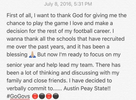 Seth Johnson Austin Peay statement