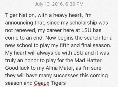 Trent Domingue LSU statement